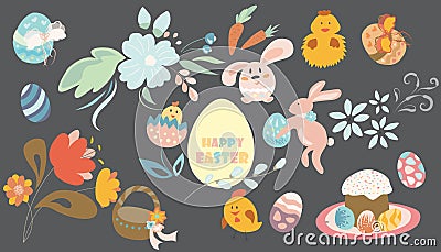 Set of easter pictures with eggs, rabbit, basket, flowers Stock Photo